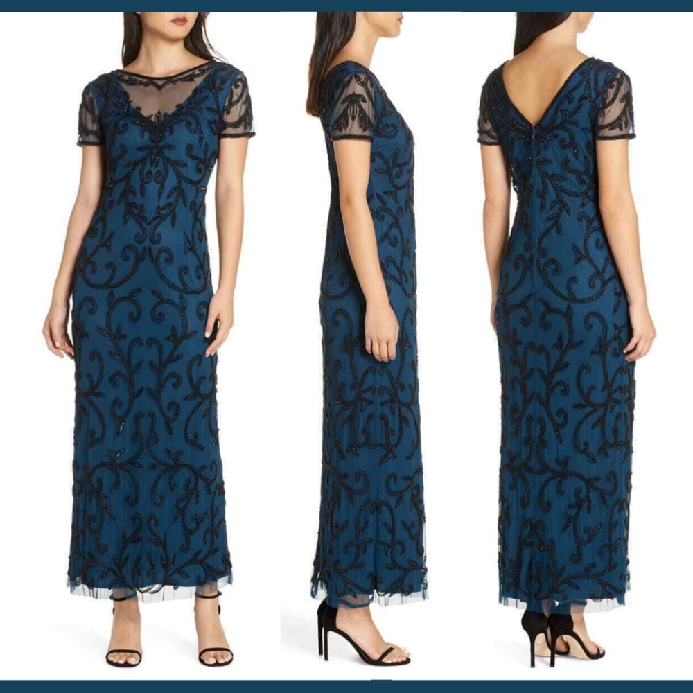 NEW $238 Pisarro Nights‎ [SZ 4 ] Beaded Illusion Gown in Peacock/Black